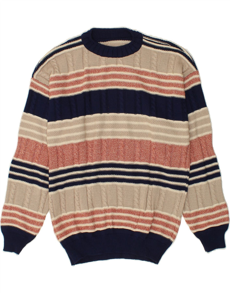 VINTAGE Mens Crew Neck Jumper Sweater Large Beige Striped Vintage Vintage and Second-Hand Vintage from Messina Hembry 