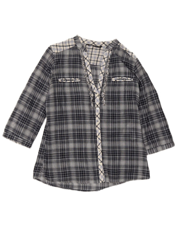 Zara Womens 3/4 Sleeve Shirt Blouse UK 10 Small Navy Blue Check Cotton