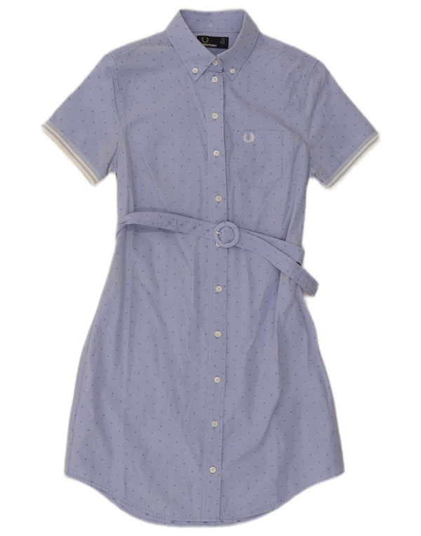 Fred Perry Womens Short Sleeves Shirt Dress UK 8 Small Blue Spotted Cotton