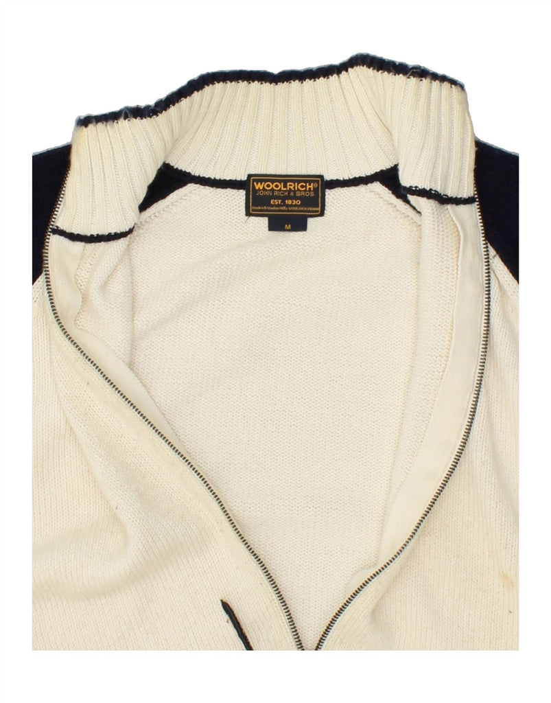 WOOLRICH Mens Cardigan Sweater UK 14 Medium Off White Colourblock Cotton | Vintage Woolrich | Thrift | Second-Hand Woolrich | Used Clothing | Messina Hembry 