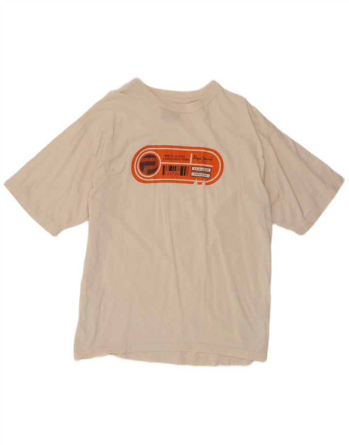 PEPE Jeans Mens Graphic T-Shirt Top Medium Off White Cotton