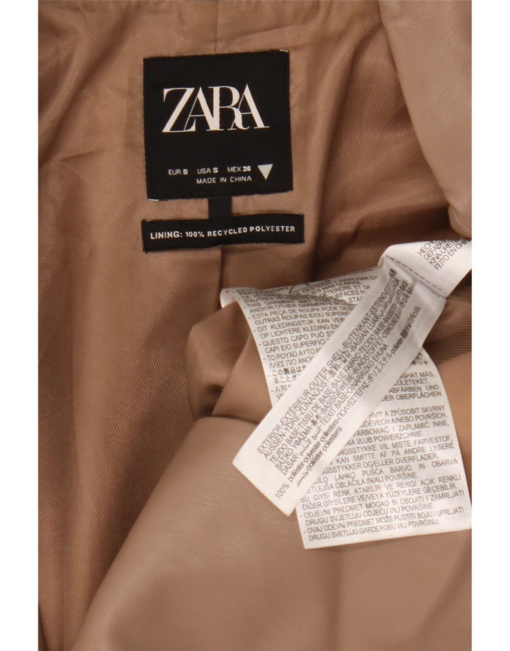 Zara Womens 2 Button Faux Leather Blazer Jacket UK 10 Small Beige Polyester