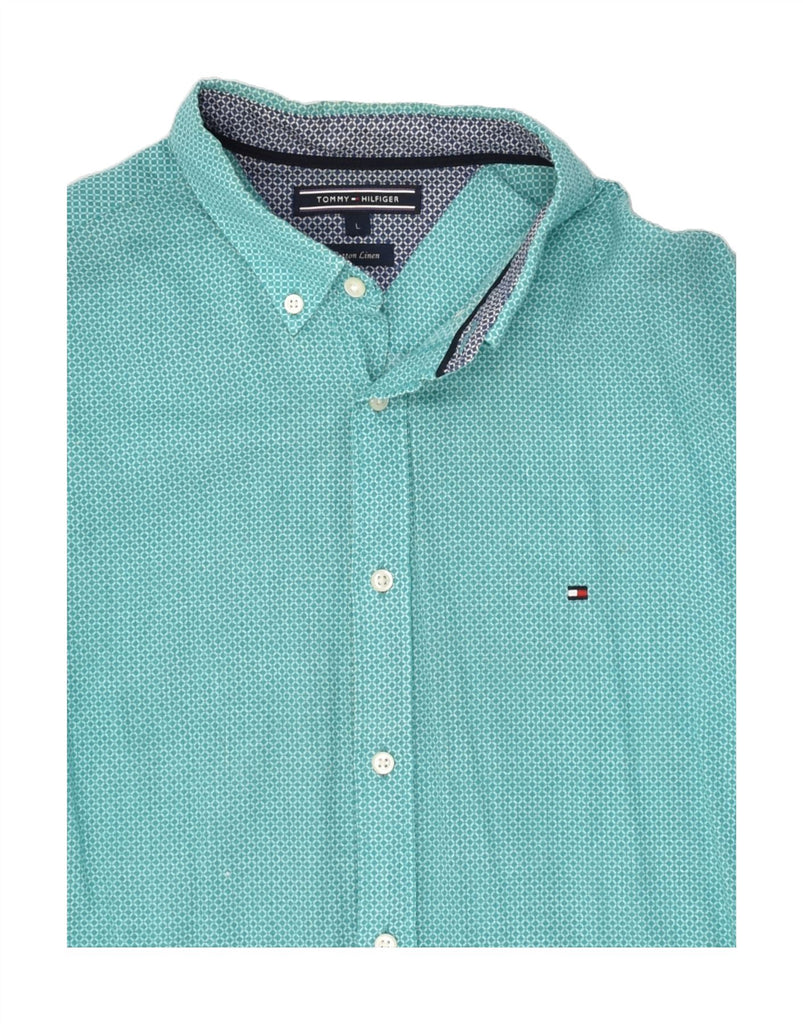 TOMMY HILFIGER Mens Shirt Large Turquoise Geometric Cotton Vintage Tommy Hilfiger and Second-Hand Tommy Hilfiger from Messina Hembry 