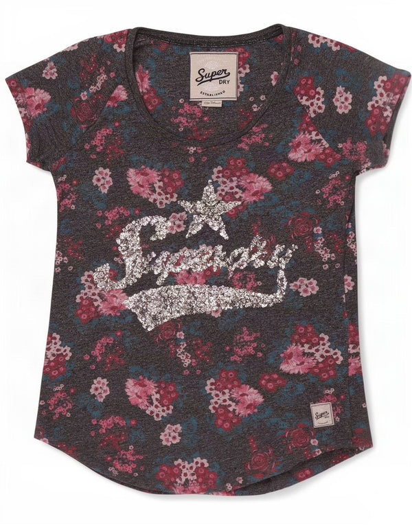 Superdry Womens Graphic T-Shirt Top UK 6 XS Grey Floral Cotton