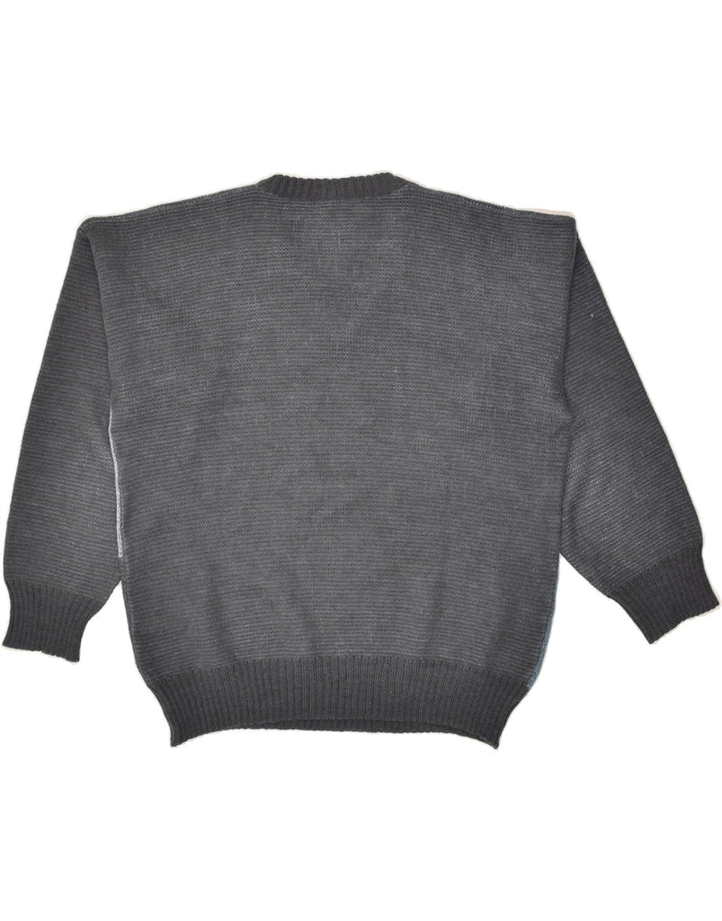 VINTAGE Mens V-Neck Jumper Sweater Large Grey Colourblock Acrylic | Vintage Vintage | Thrift | Second-Hand Vintage | Used Clothing | Messina Hembry 