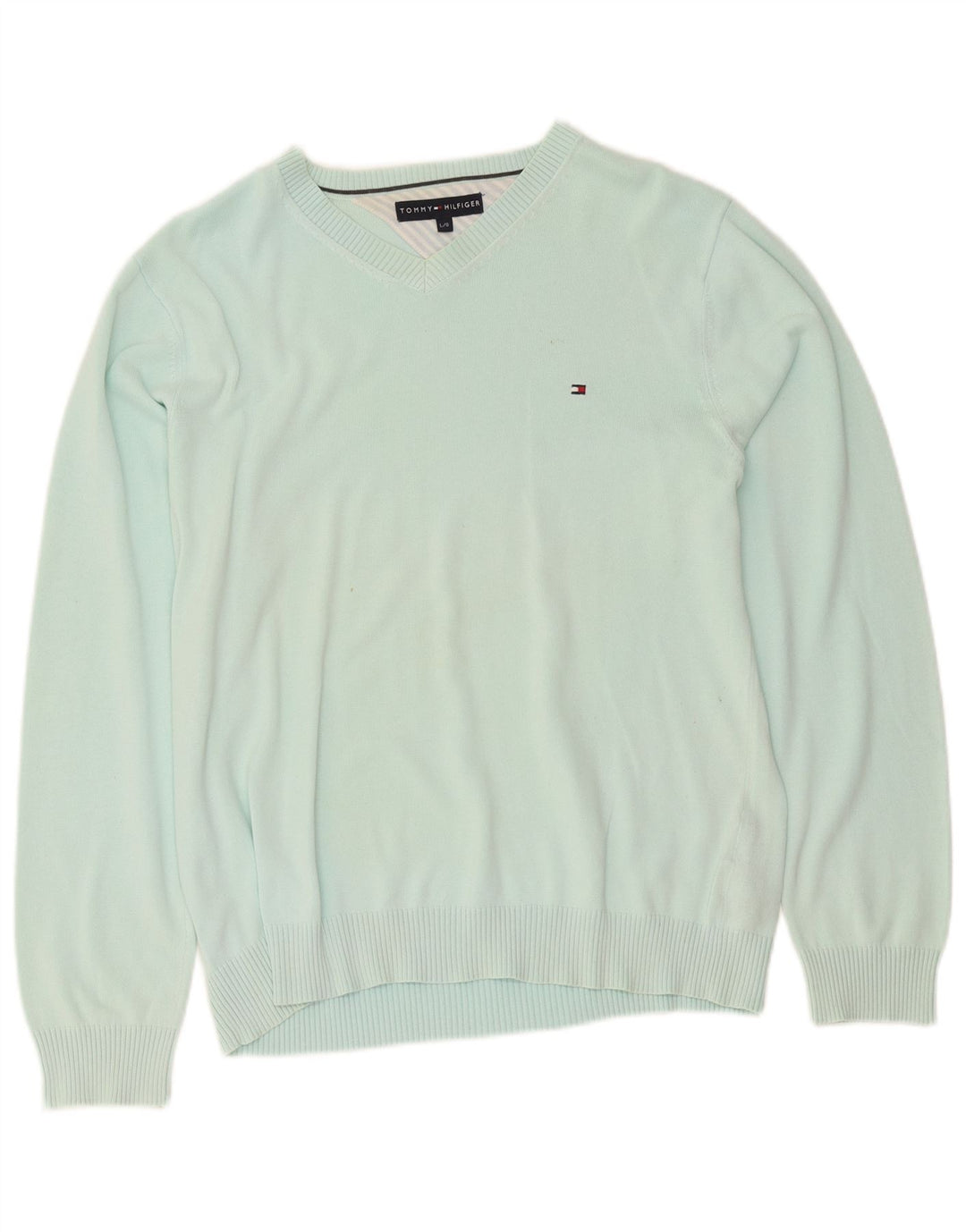 Tommy Hilfiger Mens V-Neck Jumper Sweater Large Turquoise Cotton