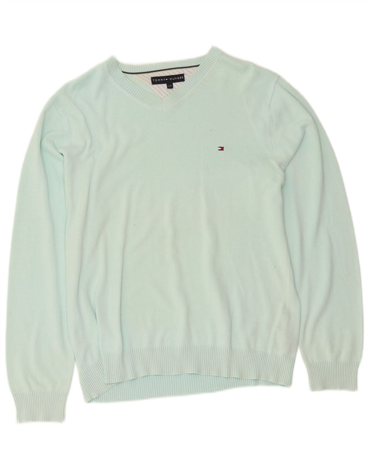 Tommy Hilfiger Mens V-Neck Jumper Sweater Large Turquoise Cotton