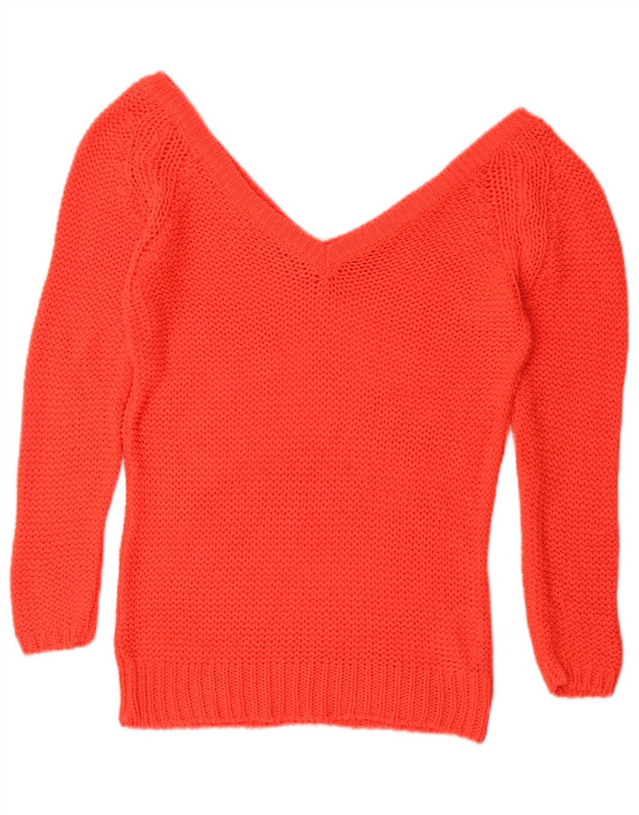 ZARA Womens Crochet V-Neck Jumper Sweater UK 12 Medium Red Acrylic
