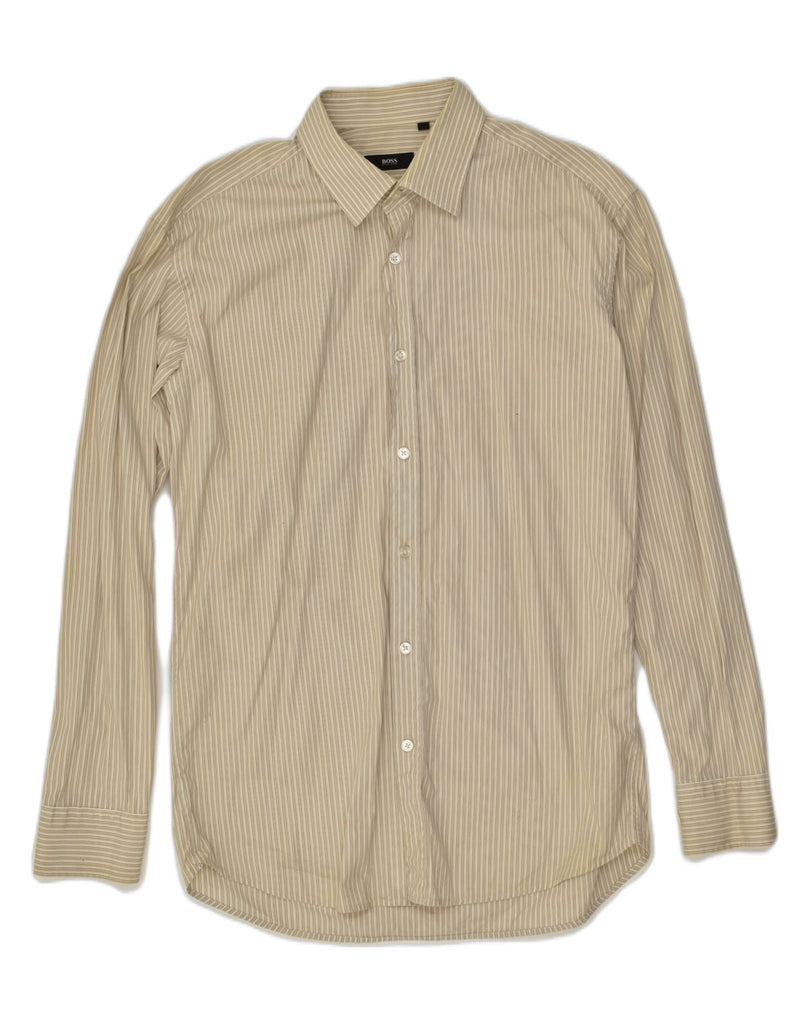 HUGO BOSS Mens Shirt Size 41 16 Large Beige Striped Cotton | Vintage Hugo Boss | Thrift | Second-Hand Hugo Boss | Used Clothing | Messina Hembry 