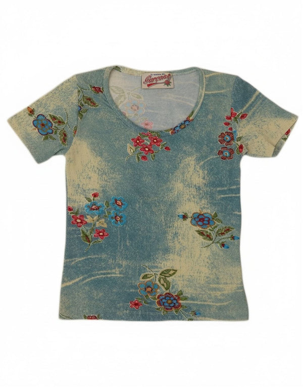 Vintage Girls T-Shirt Top 9-10 Years Medium Blue Floral Cotton