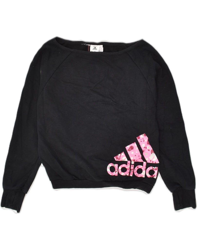 ADIDAS Girls Graphic Sweatshirt Jumper 9-10 Years Black Cotton | Vintage Adidas | Thrift | Second-Hand Adidas | Used Clothing | Messina Hembry 