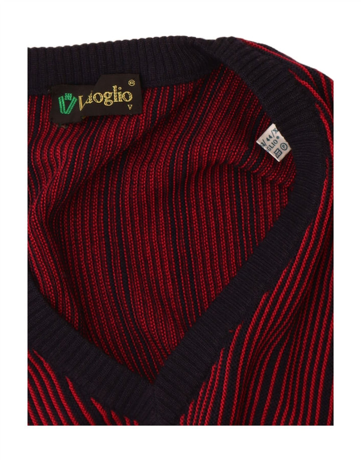 Vintage Mens V-Neck Jumper Sweater IT 52 Large Red Striped