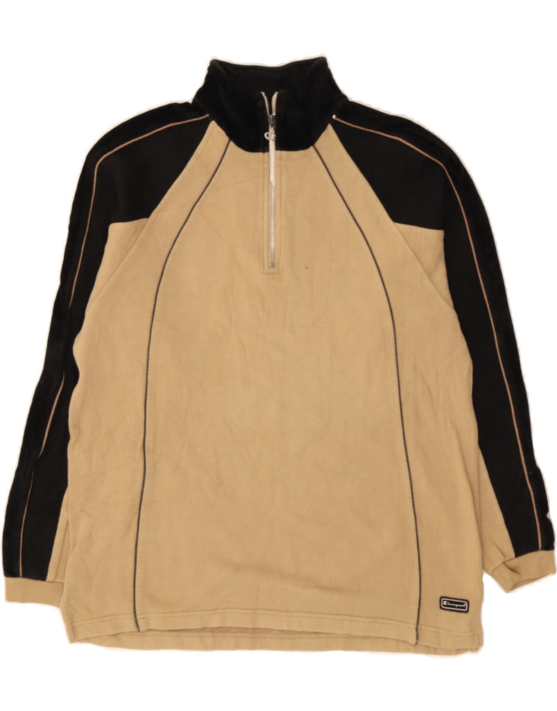 CHAMPION Mens Zip Neck Sweatshirt Jumper Large Beige Colourblock Vintage Champion and Second-Hand Champion from Messina Hembry 