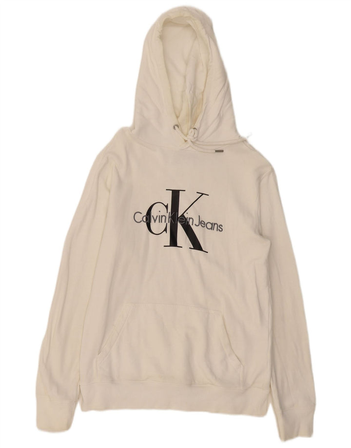 CALVIN KLEIN JEANS Mens Graphic Hoodie Jumper Medium White Cotton