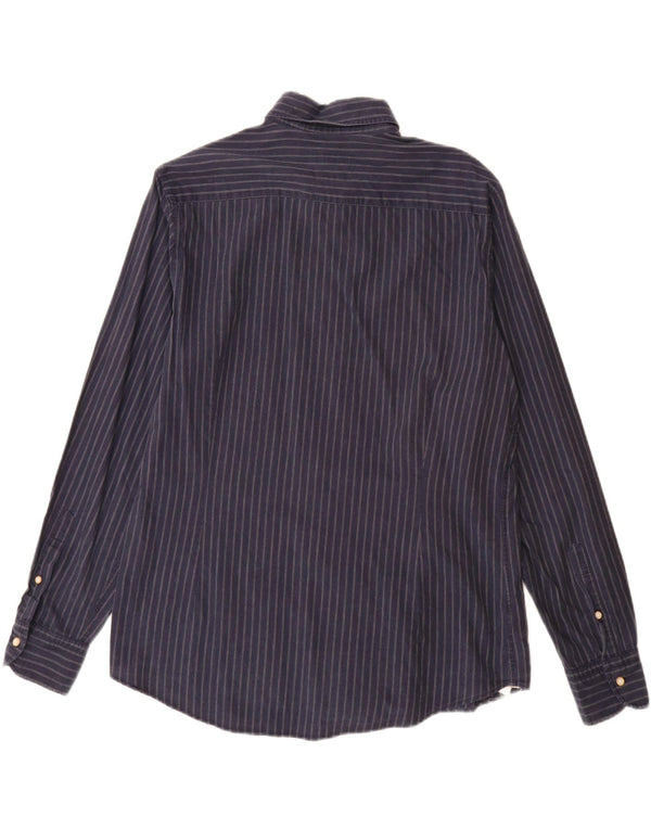 Massimo Dutti Mens Shirt Large Navy Blue Pinstripe Cotton
