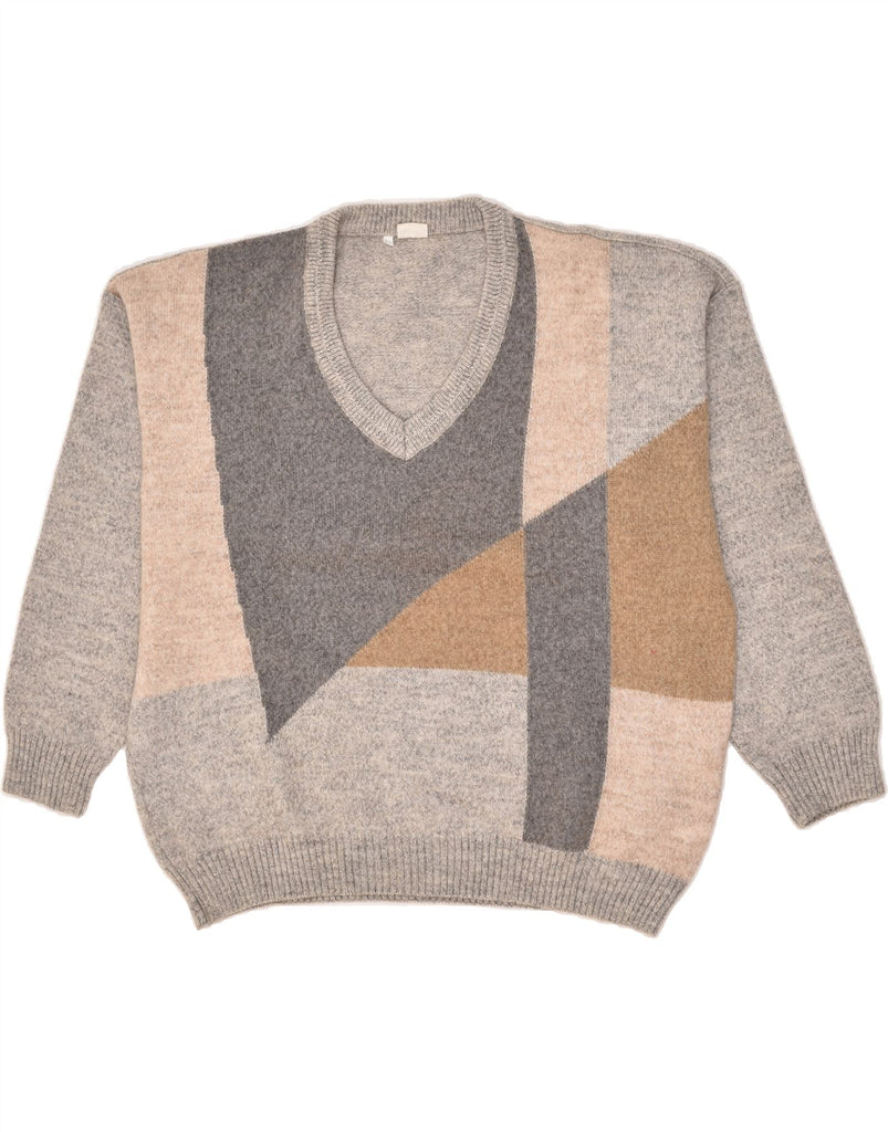 CLAUDIO Mens V-Neck Jumper Sweater Size 58 2XL Grey Geometric Merino Wool | Vintage Claudio | Thrift | Second-Hand Claudio | Used Clothing | Messina Hembry 