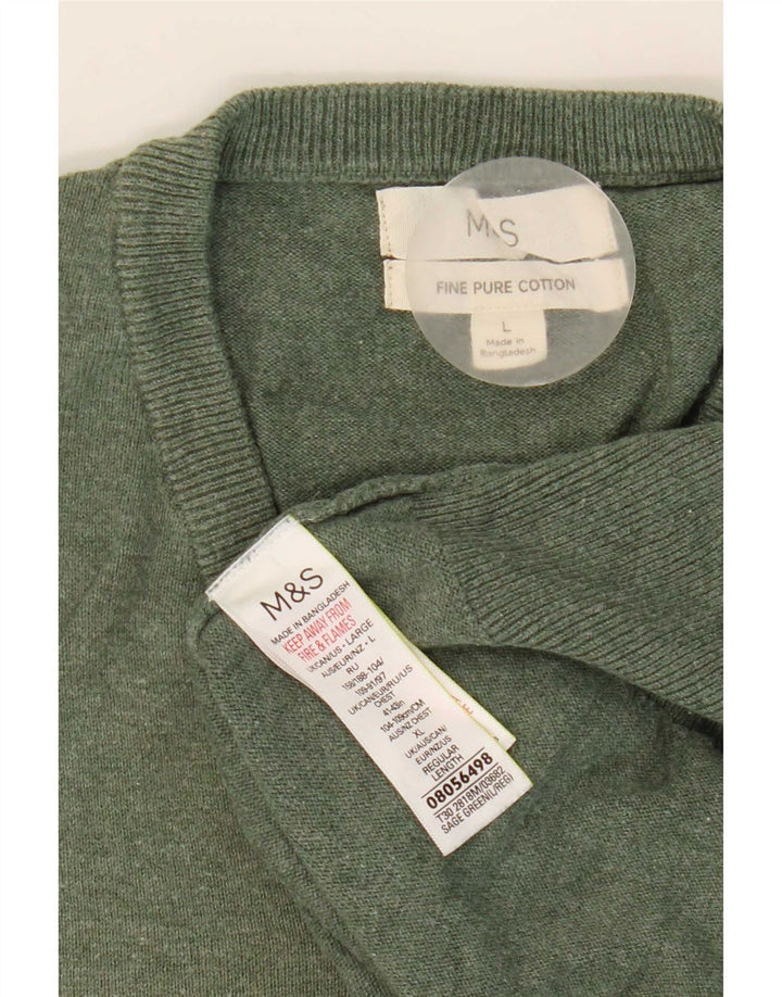 Marks & Spencer Mens V-Neck Jumper Sweater Large Green Cotton
