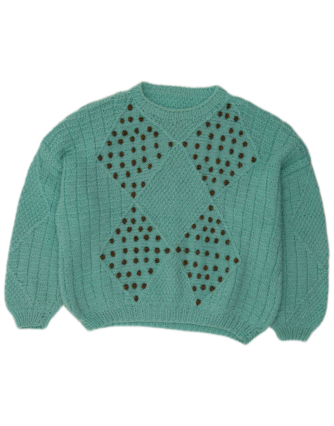 VINTAGE Womens Crew Neck Jumper Sweater UK 18 XL Turquoise Argyle/Diamond