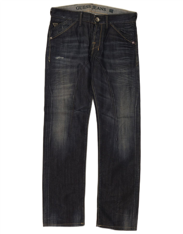 Guess Mens Distressed Straight Jeans W30 L32 Navy Blue Cotton