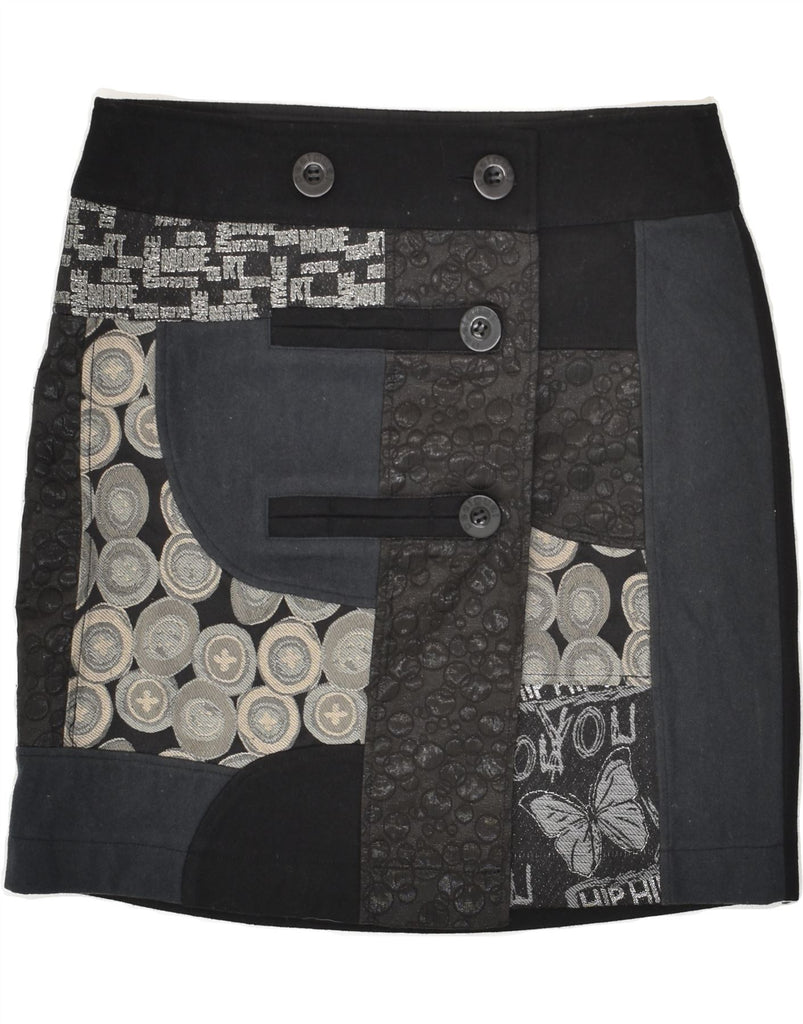 DESIGUAL Womens Abstract Pattern Wrap Mini Skirt EU 40 Medium W32 Black | Vintage Desigual | Thrift | Second-Hand Desigual | Used Clothing | Messina Hembry 