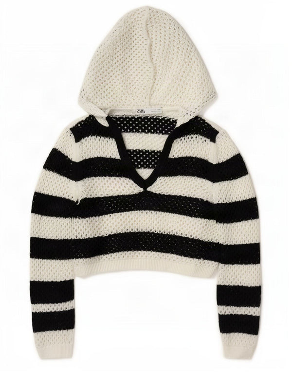 Zara Womens Crop Hooded Crochet Jumper Sweater UK 14 Medium Black Striped