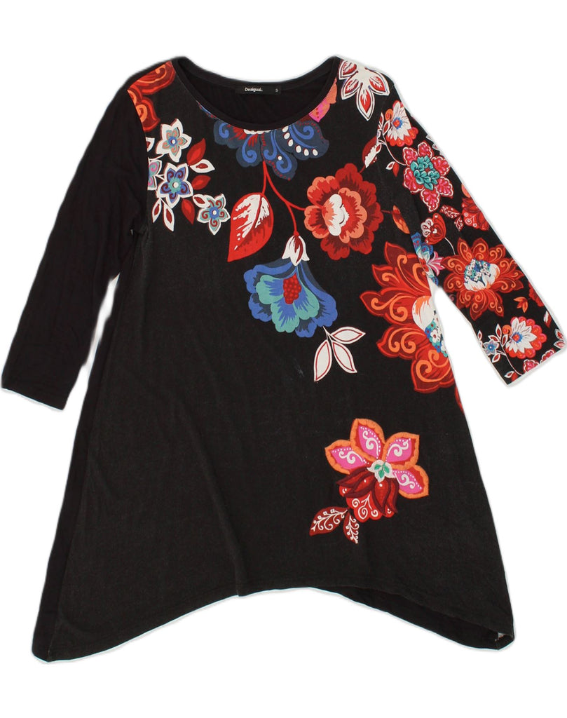 DESIGUAL Womens Asymmetric Tunic Top UK 10 Small Black Floral Cotton | Vintage Desigual | Thrift | Second-Hand Desigual | Used Clothing | Messina Hembry 