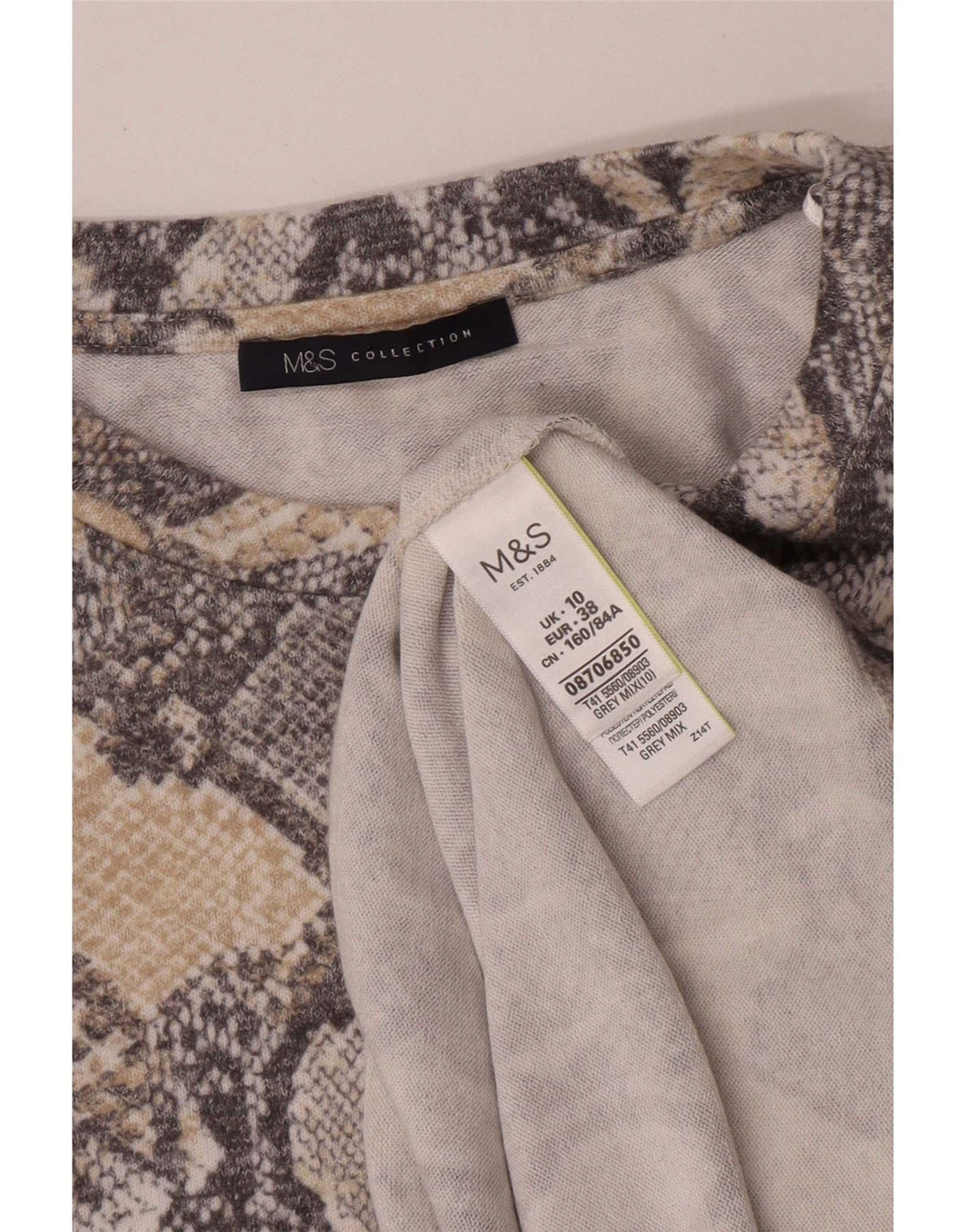 Marks & Spencer Womens Top Long Sleeve UK 10 Small Grey Animal Print