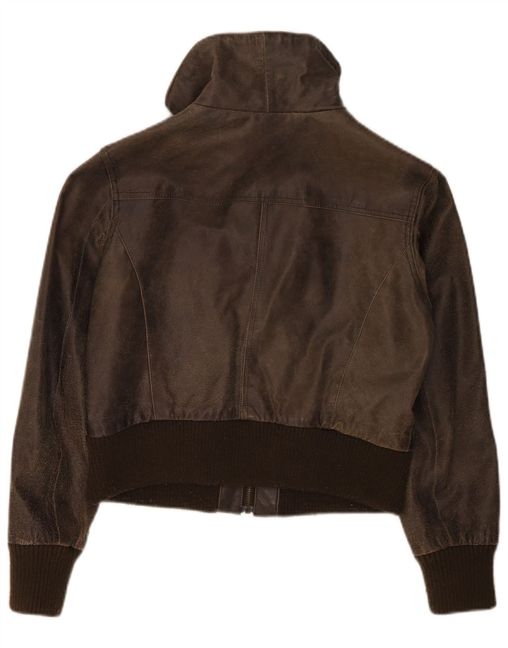 BAY Womens Crop Leather Jacket UK 16 Large Brown Leather