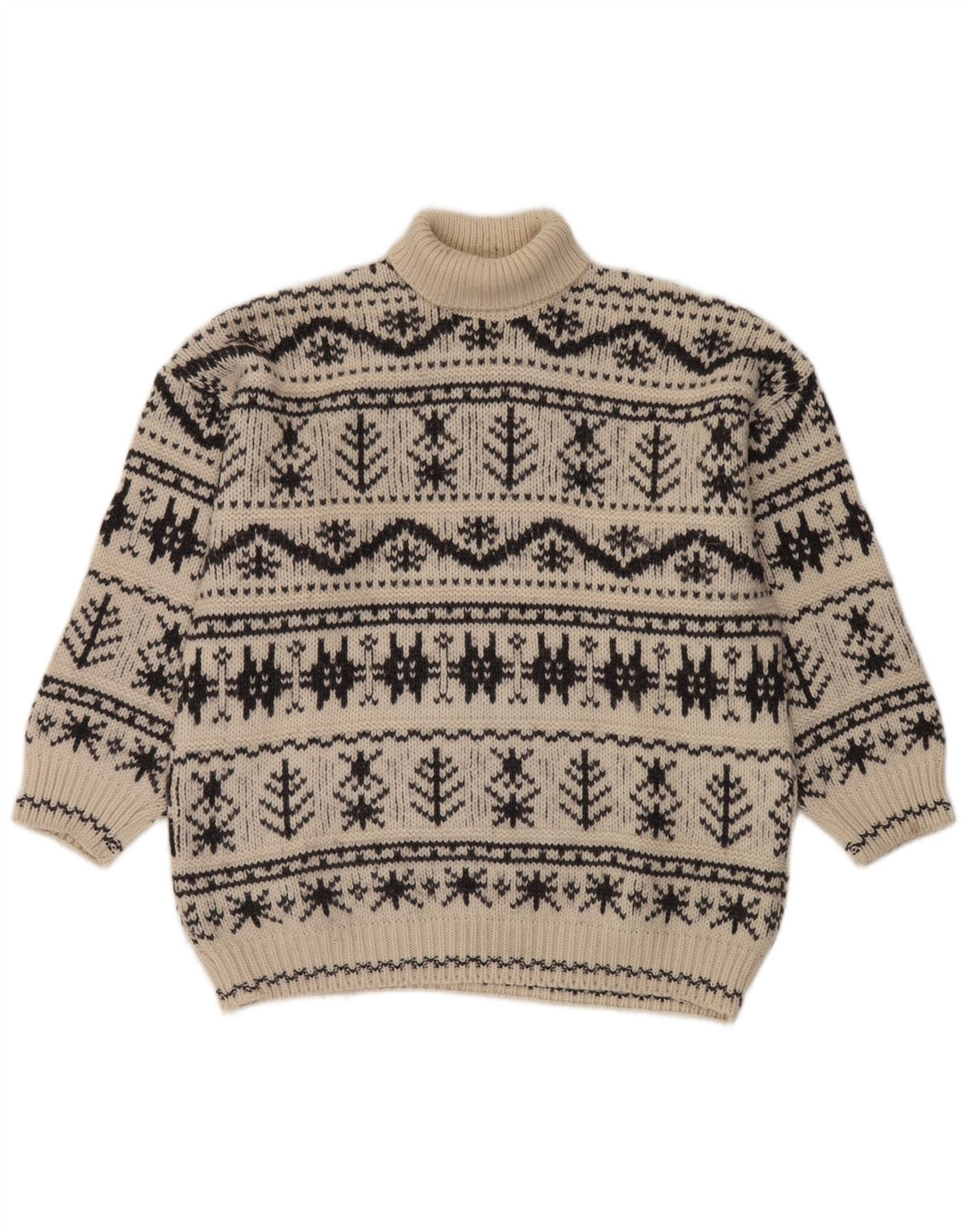 Vintage Mens Roll Neck Jumper Sweater Medium Off White Fair Isle Acrylic