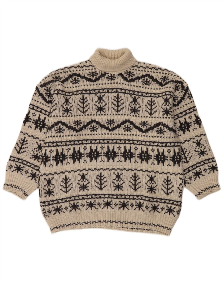 Vintage Mens Roll Neck Jumper Sweater Medium Off White Fair Isle Acrylic