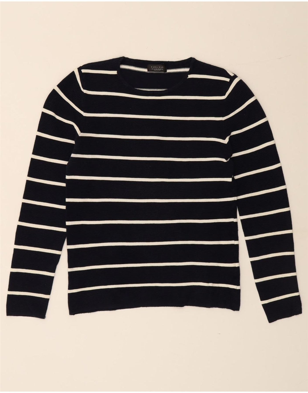 ZARA Mens Crew Neck Jumper Sweater Medium Navy Blue Striped Cotton