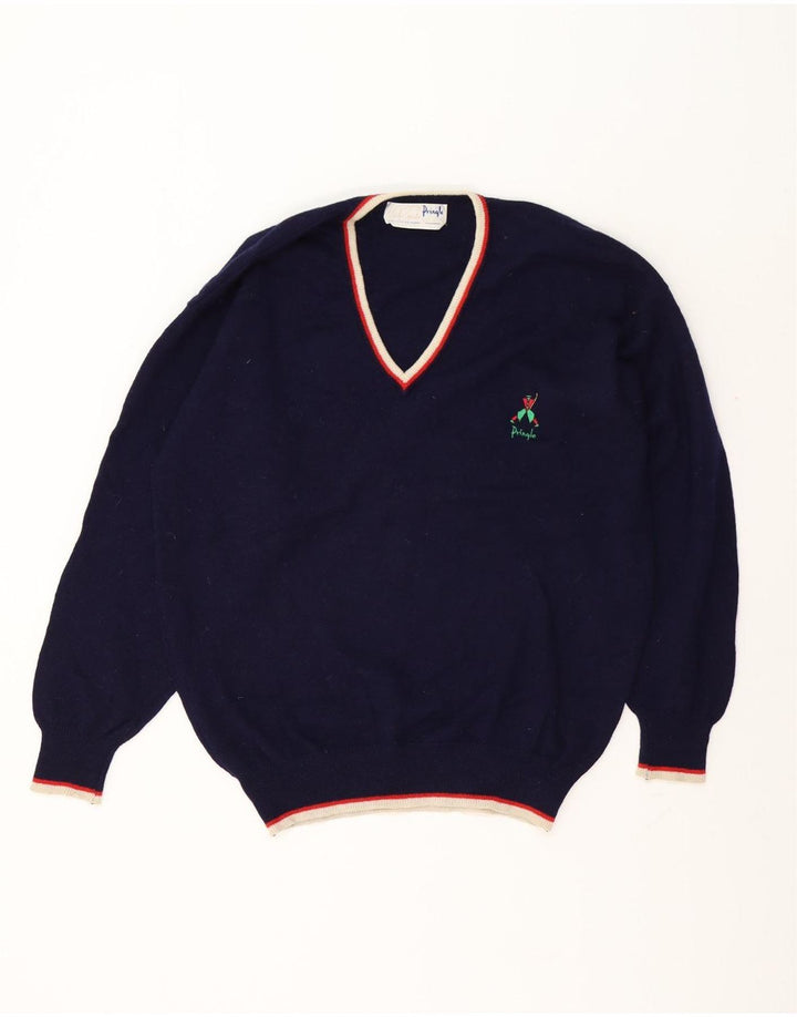Pringle Mens V-Neck Jumper Sweater Large Navy Blue New Wool