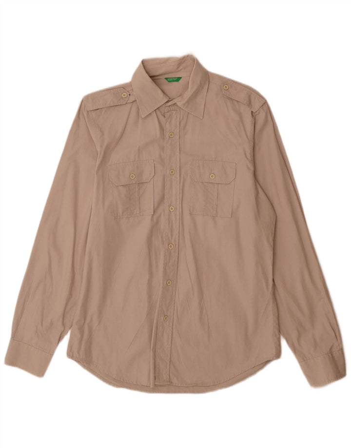 Benetton Mens Military Military Shirt Medium Beige Cotton