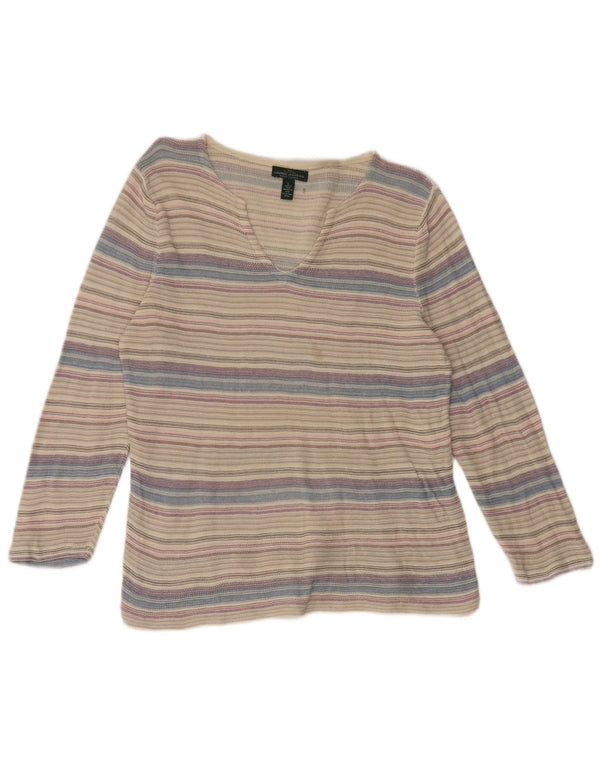 Ralph Lauren Womens Top 3/4 Sleeve UK 14 Large Grey Striped Cotton