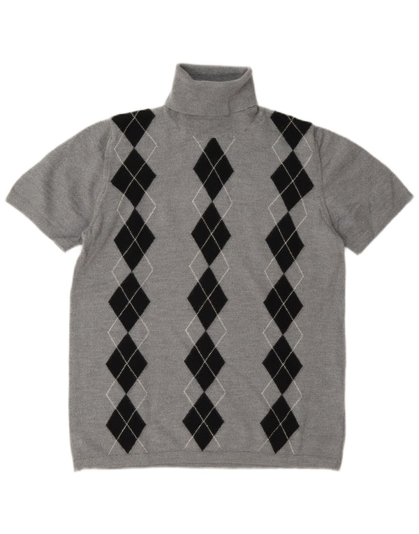 Vintage Womens Roll Neck Jumper Sweater UK 14 Medium Grey Argyle/Diamond