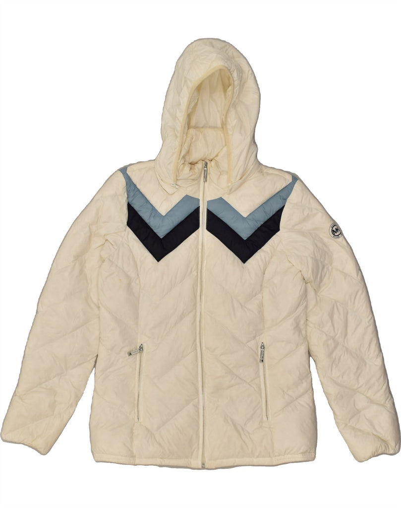 MICHAEL KORS Womens Hooded Padded Jacket UK 14 Medium White Colourblock Vintage Michael Kors and Second-Hand Michael Kors from Messina Hembry 