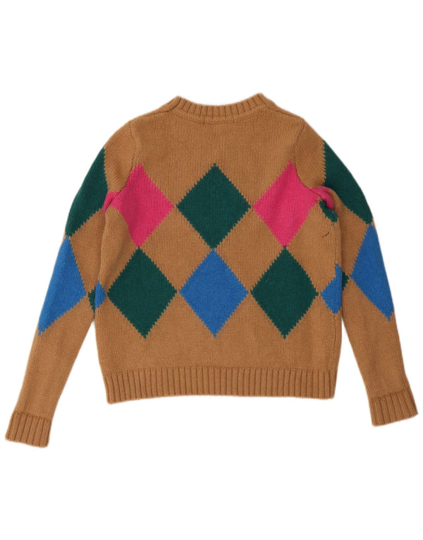 Boden Womens Crop Crew Neck Jumper Sweater UK 10 Small Brown Argyle/Diamond