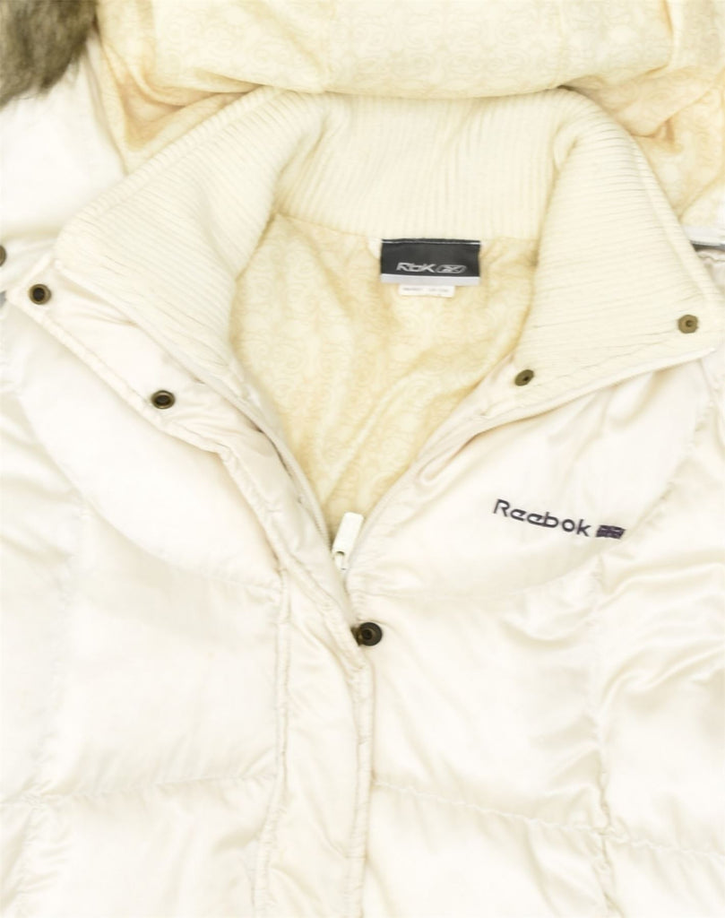 REEBOK Womens Hooded Padded Coat UK 12 Medium Beige Nylon | Vintage Reebok | Thrift | Second-Hand Reebok | Used Clothing | Messina Hembry 