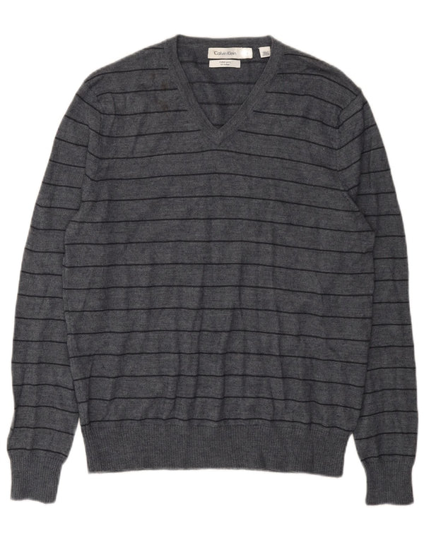 Calvin Klein Mens V-Neck Jumper Sweater Medium Grey Striped Merino Wool