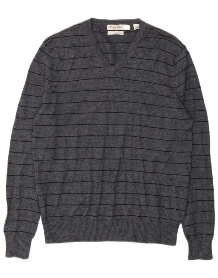 Calvin Klein Mens V-Neck Jumper Sweater Medium Grey Striped Merino Wool