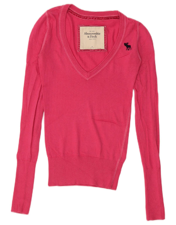 Abercrombie & Fitch Womens V-Neck Jumper Sweater UK 6 XS Pink Nylon