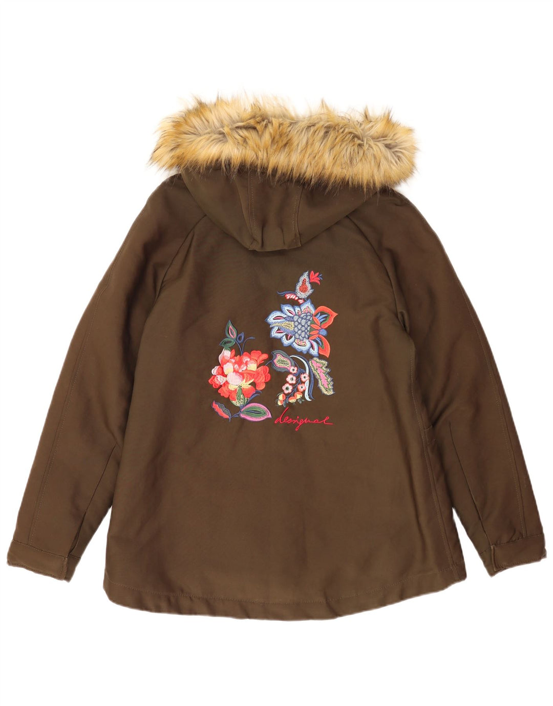 Desigual Womens Graphic Hooded Parka Jacket EU 38 Medium Khaki Cotton