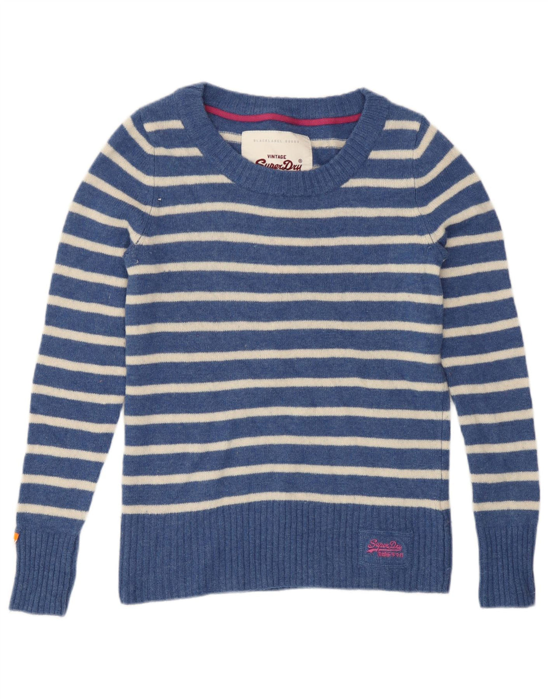 Superdry Womens Boat Neck Jumper Sweater UK 12 Medium Blue Striped