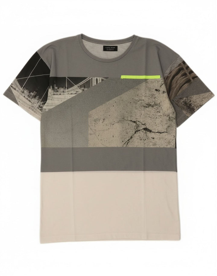 Zara Mens Graphic T-Shirt Top Small Grey Colourblock
