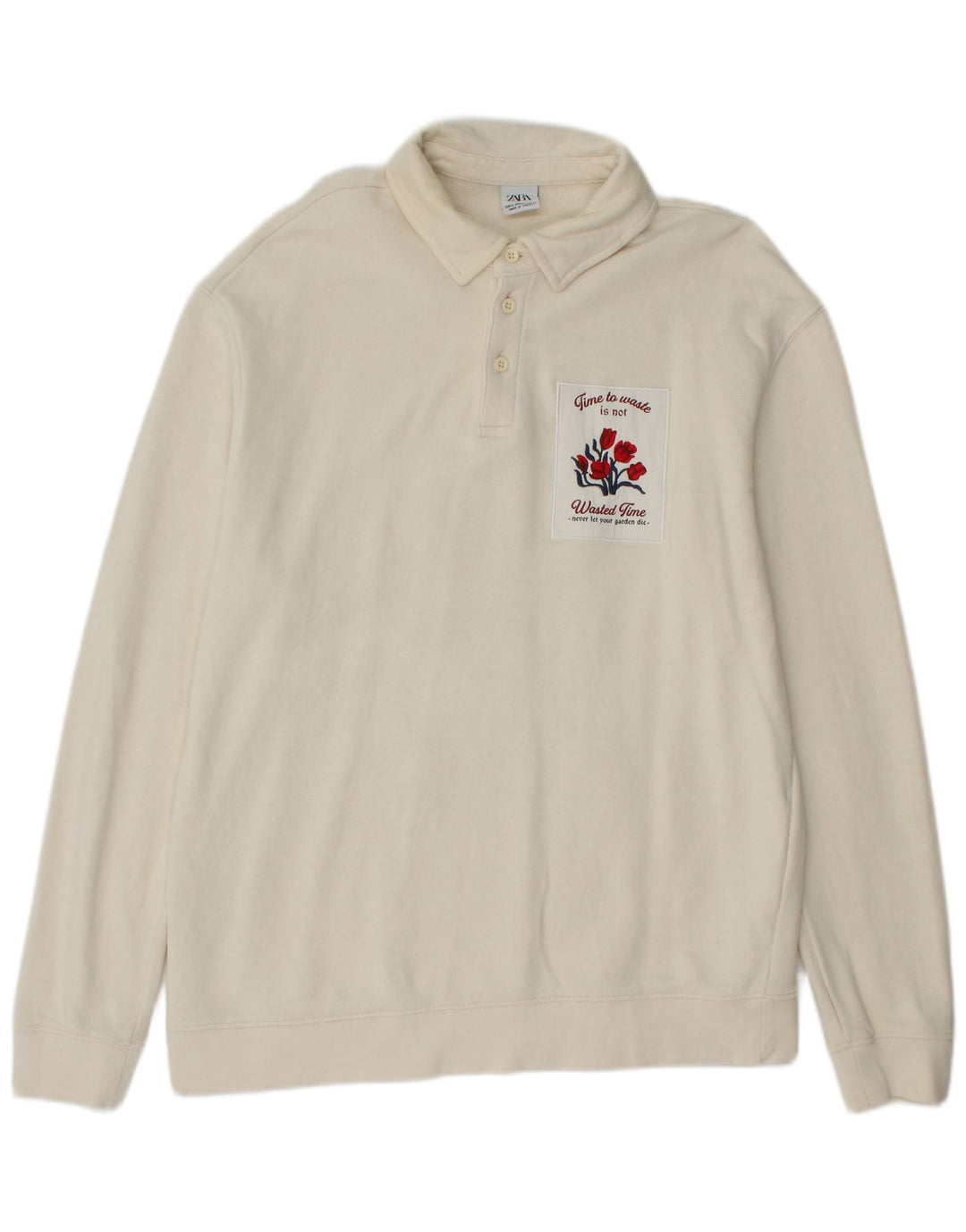 Zara Mens Graphic Polo Neck Sweatshirt Jumper XL Off White Cotton