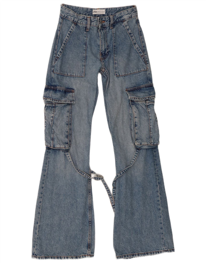Zara Womens Cargo Flared Jeans EU 32 2XS W22 L32 Blue Cotton