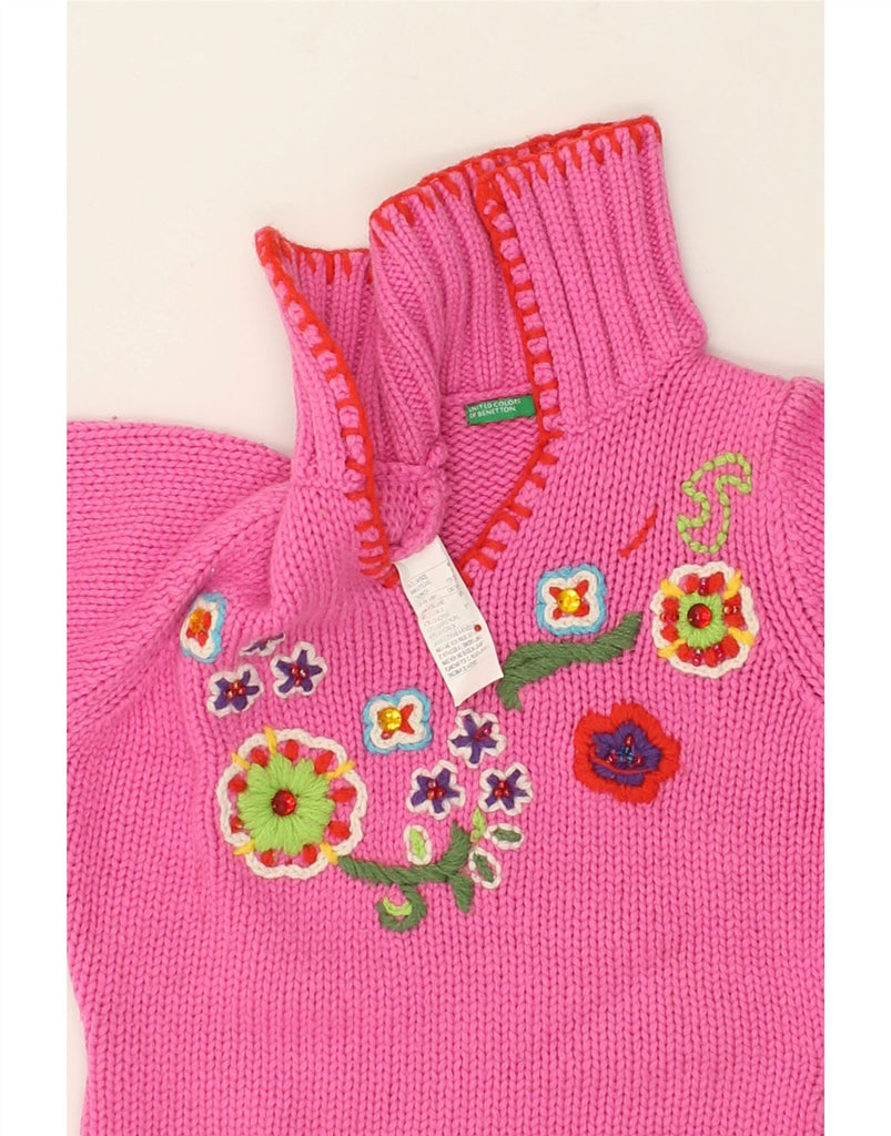 BENETTON Girls Graphic Polo Neck Jumper Sweater 7-8 Years Medium  Pink | Vintage Benetton | Thrift | Second-Hand Benetton | Used Clothing | Messina Hembry 