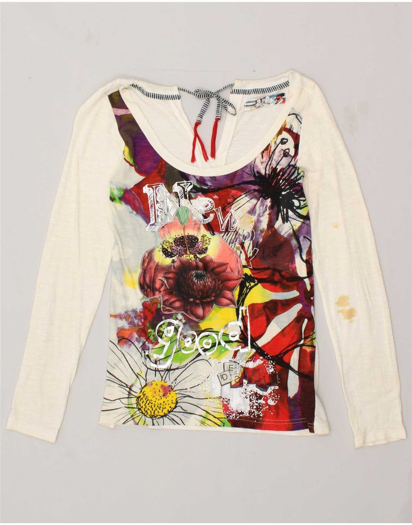 DESIGUAL Womens Graphic Top Long Sleeve UK 12 Medium Off White Floral Vintage Desigual and Second-Hand Desigual from Messina Hembry 