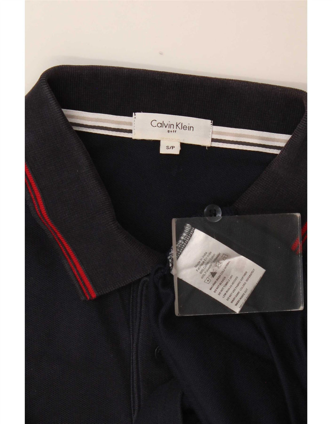 Calvin Klein Mens Polo Shirt Small Navy Blue Striped Cotton