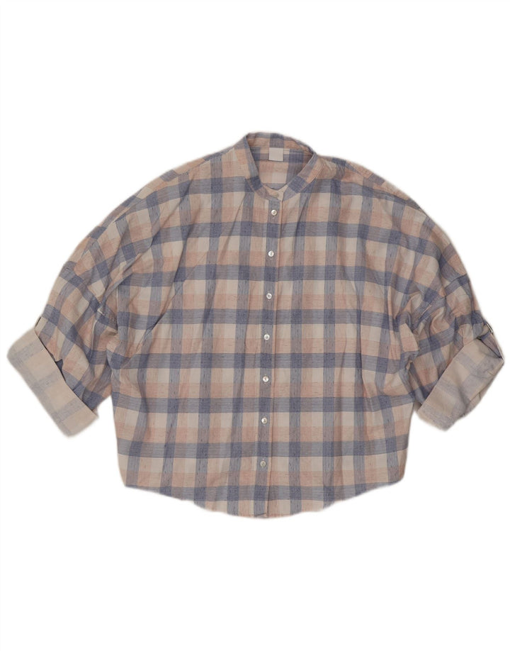 Hugo Boss Womens 3/4 Sleeve Oversized Shirt UK 8 Small Blue Check Linen